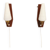 Danish wall lights from the 1970s, made of milky white glass shades, teak wood suspension and brass.