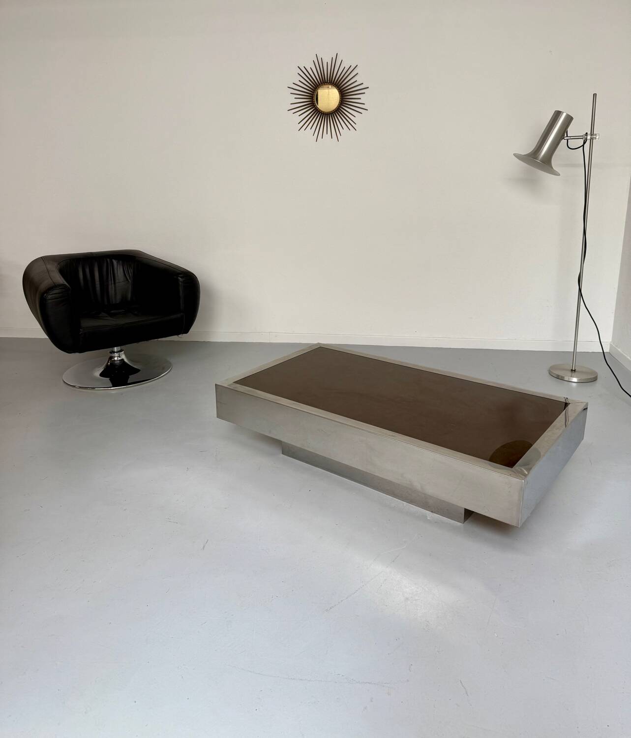 Italian coffee table in chromed metal and vintage brown glass top 70s