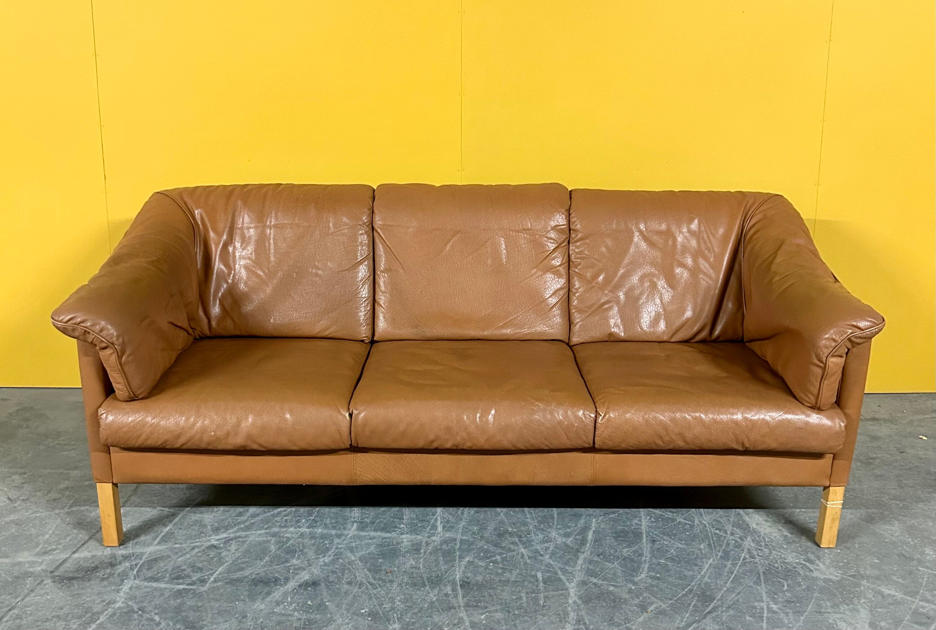 Danish three seater tan leather Stouby sofa
