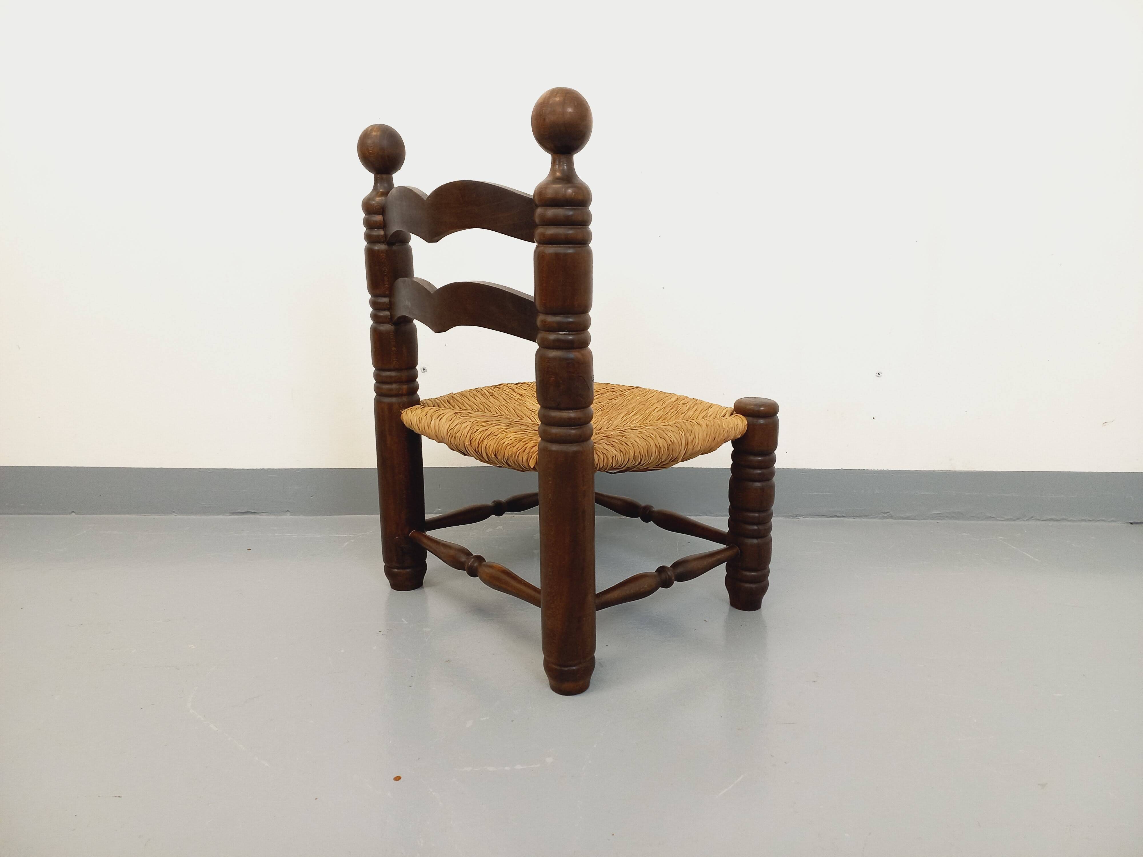 Vintage Charles Dudouyt Brutalist Low Chair in Wood and Straw, 1940s