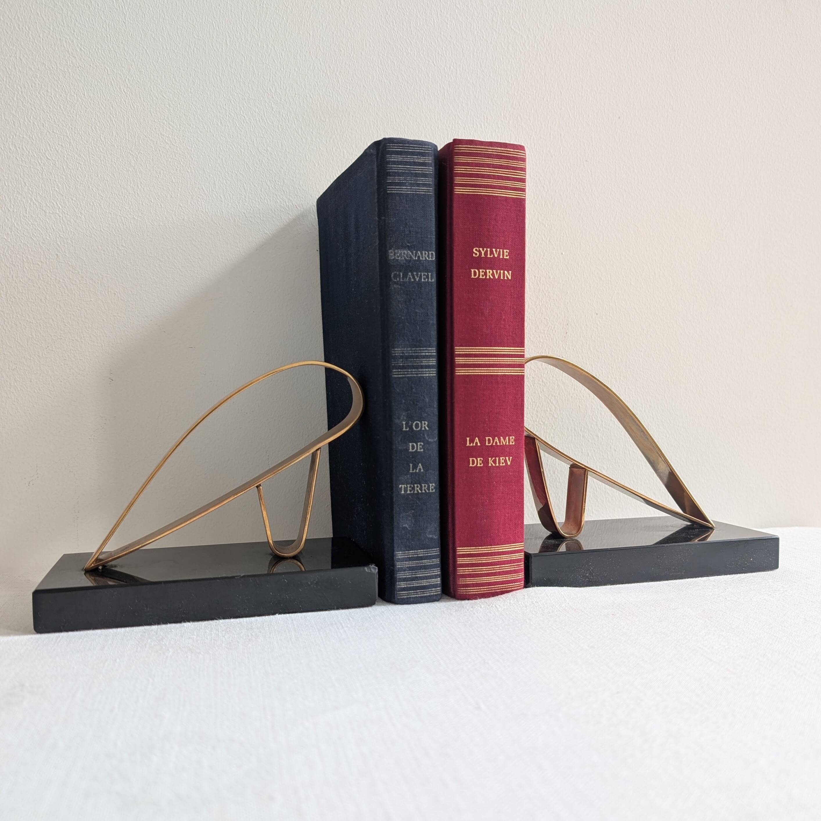Serre-livres vintage en métal doré et marbre noir