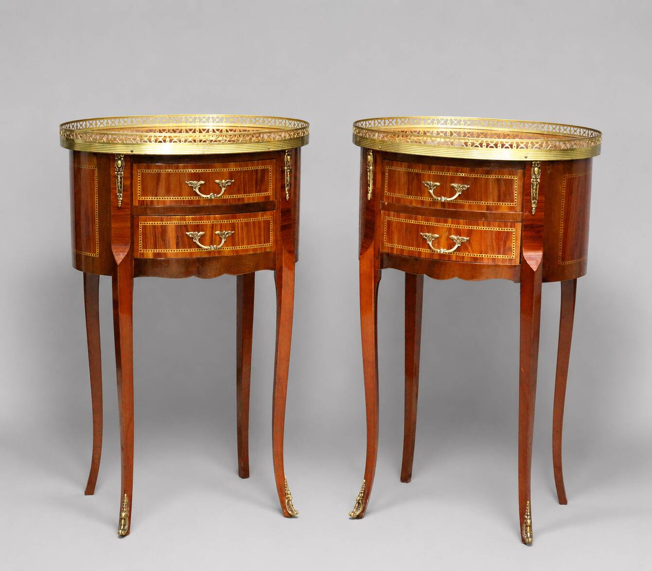 Pair of Bedside Tables / Salon in Marquetry Transition Style Louis XV/Louis XVI