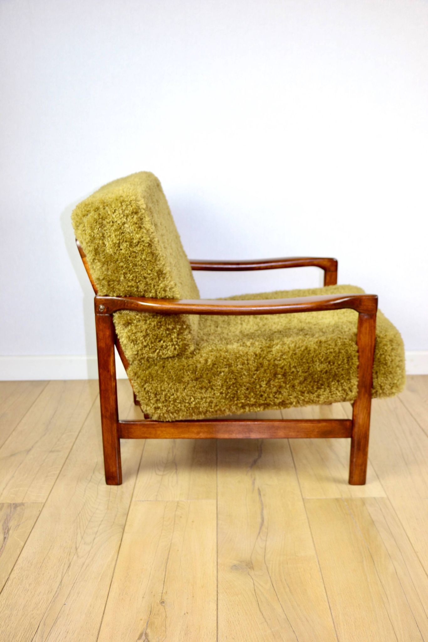 Wooden vintage brown armchair Khaki / Olive long hair Fox by Z. Bączyk - 2 pieces available
