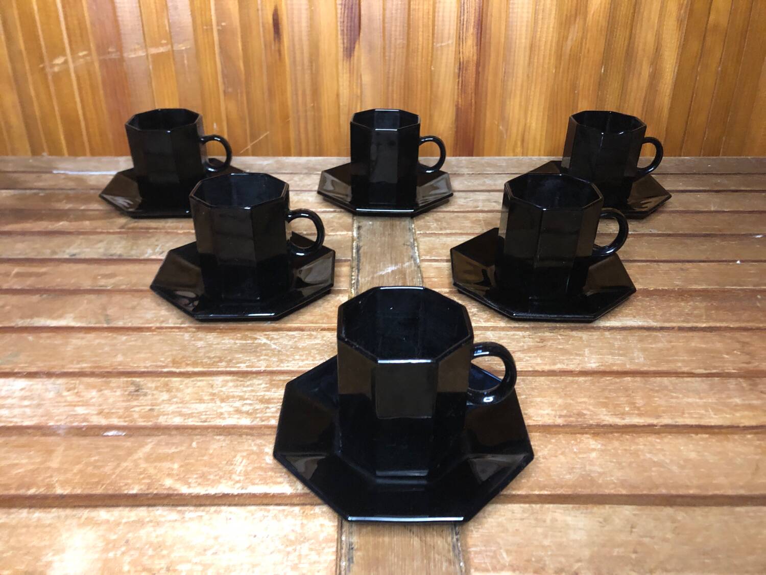 Series of 6 cups & saucers esso collection noire france vintage #a538