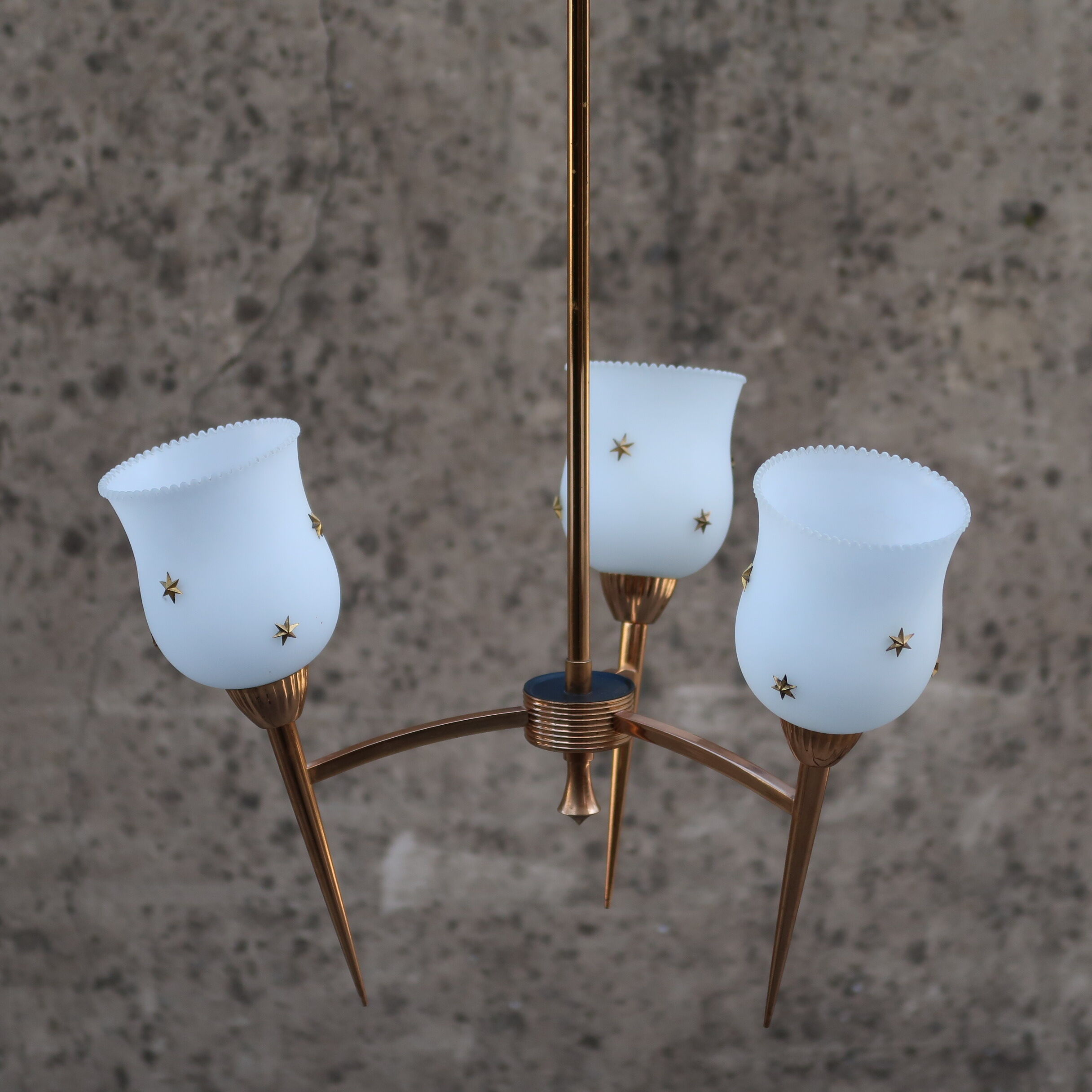 Golden glass chandelier, 3 lights and star-decorated