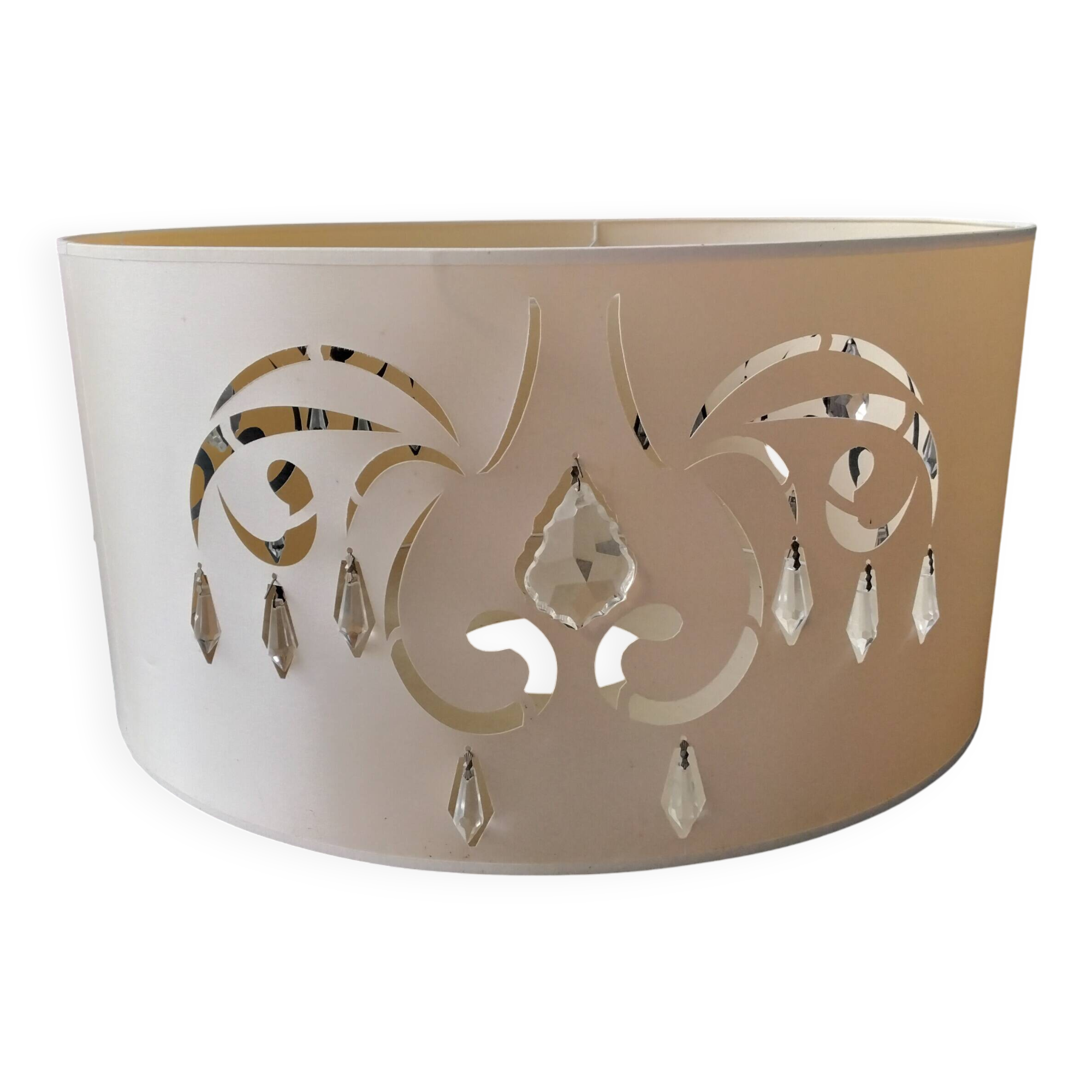 Beige fabric lampshade with crystal inlay.