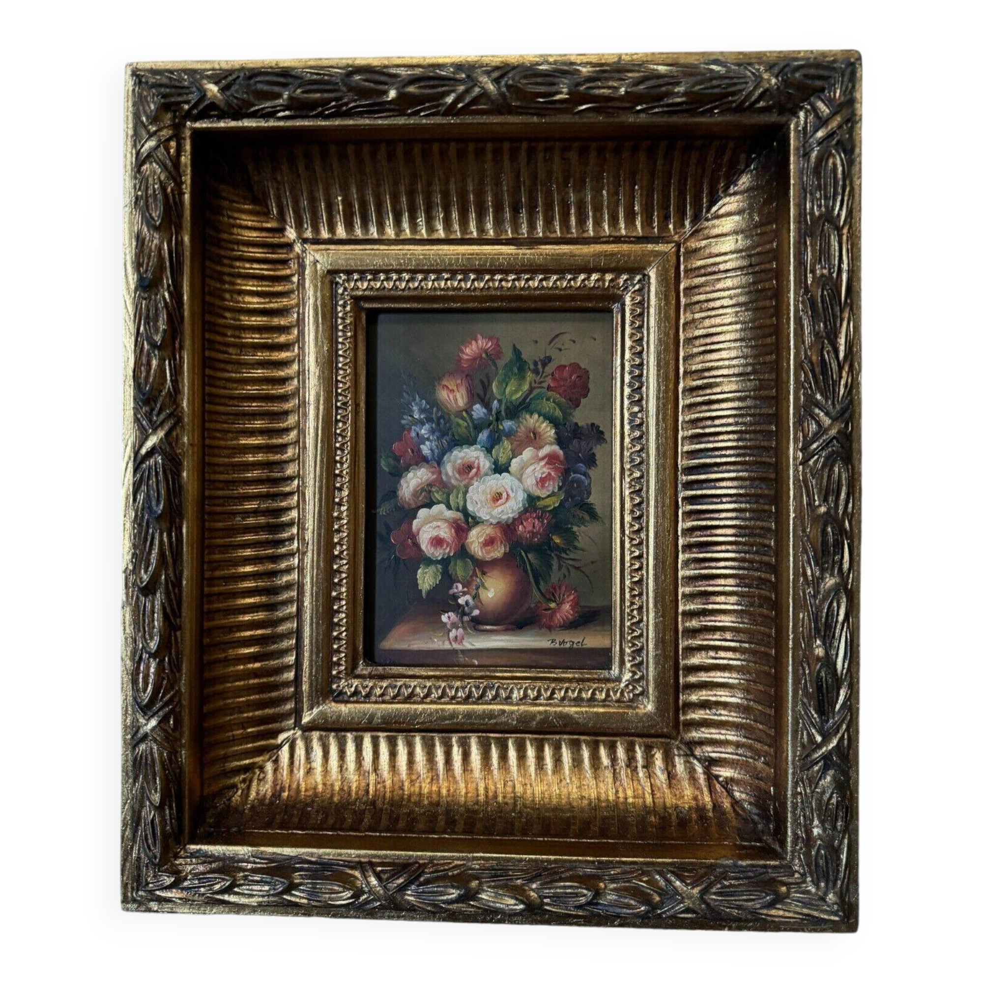 Oil on panel by B. Vogel still life 20th century gilded frame