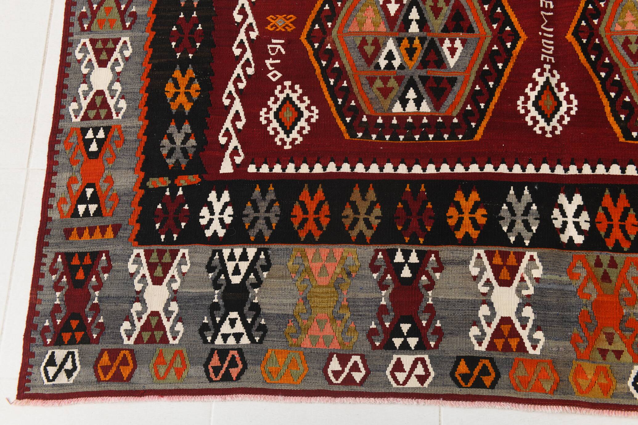 6x15 Wine Red & Green Vintage Kilim Rug, 198x468Cm