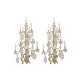 Pair of wall lamps, 1930-1940, in gilded bronze and crystal grapevines
