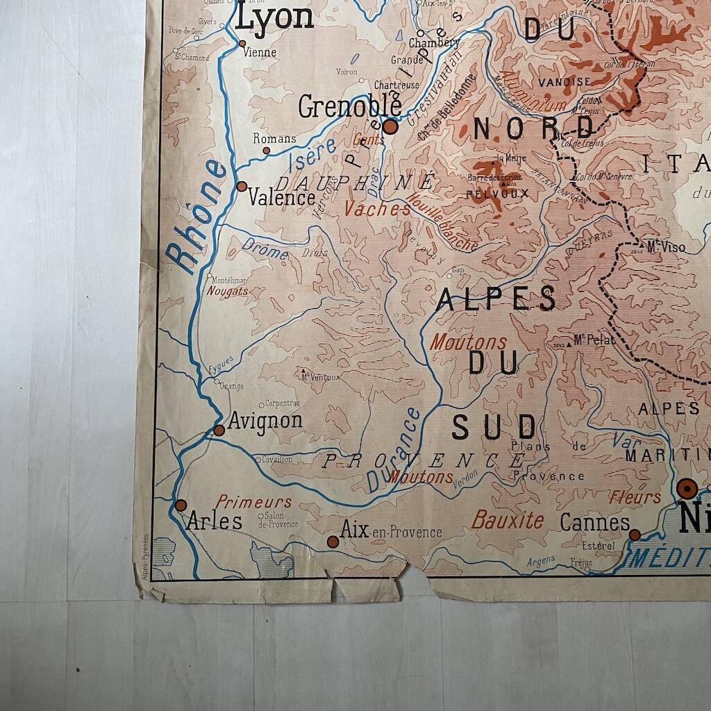 Vintage school map 1950 double-sided "The Alps / The Pyrenees"
