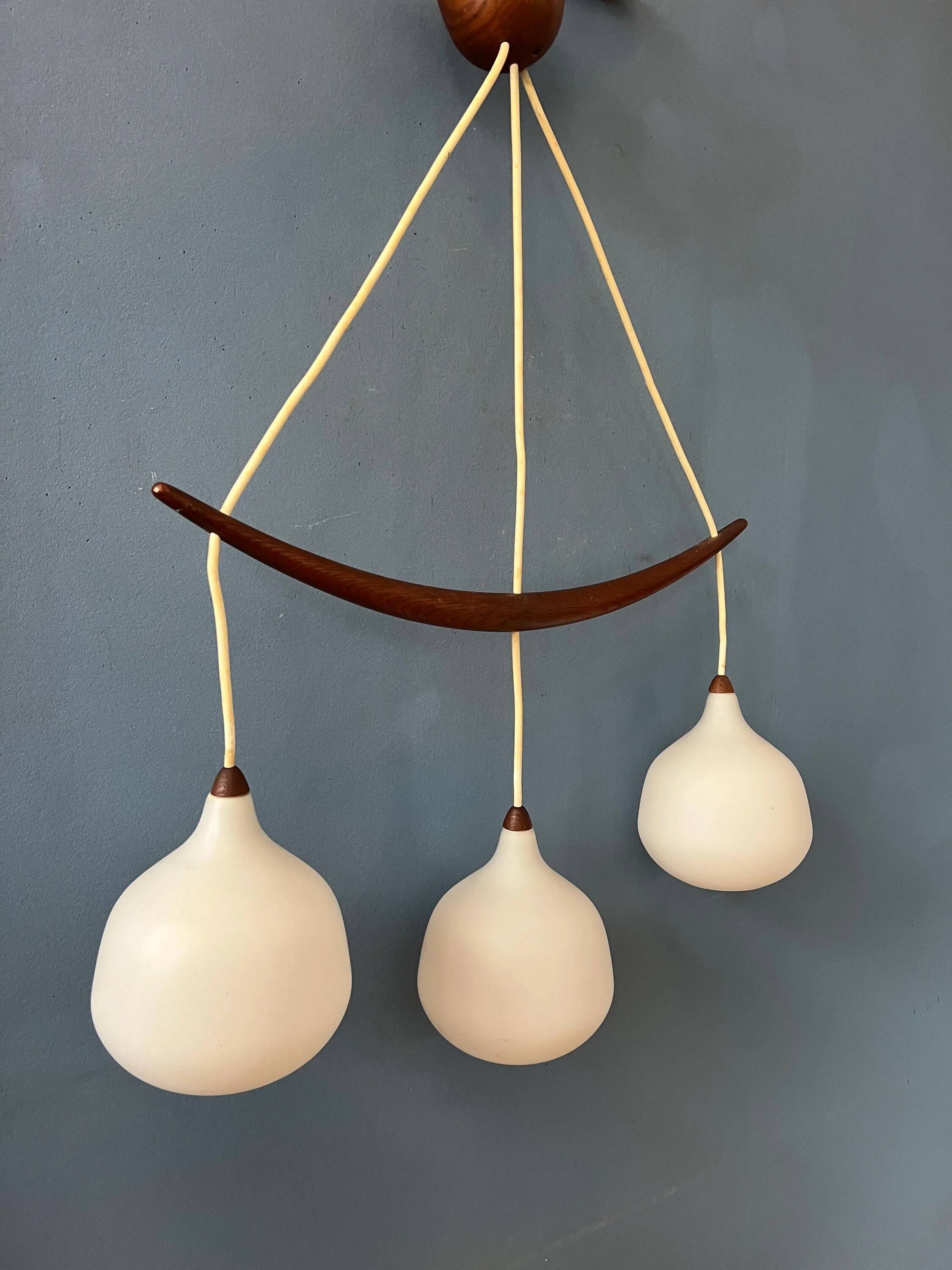 Teak wood and opaline glass chandelier 512 by Uno & Östen Kristiansson for Luxus, Sweden