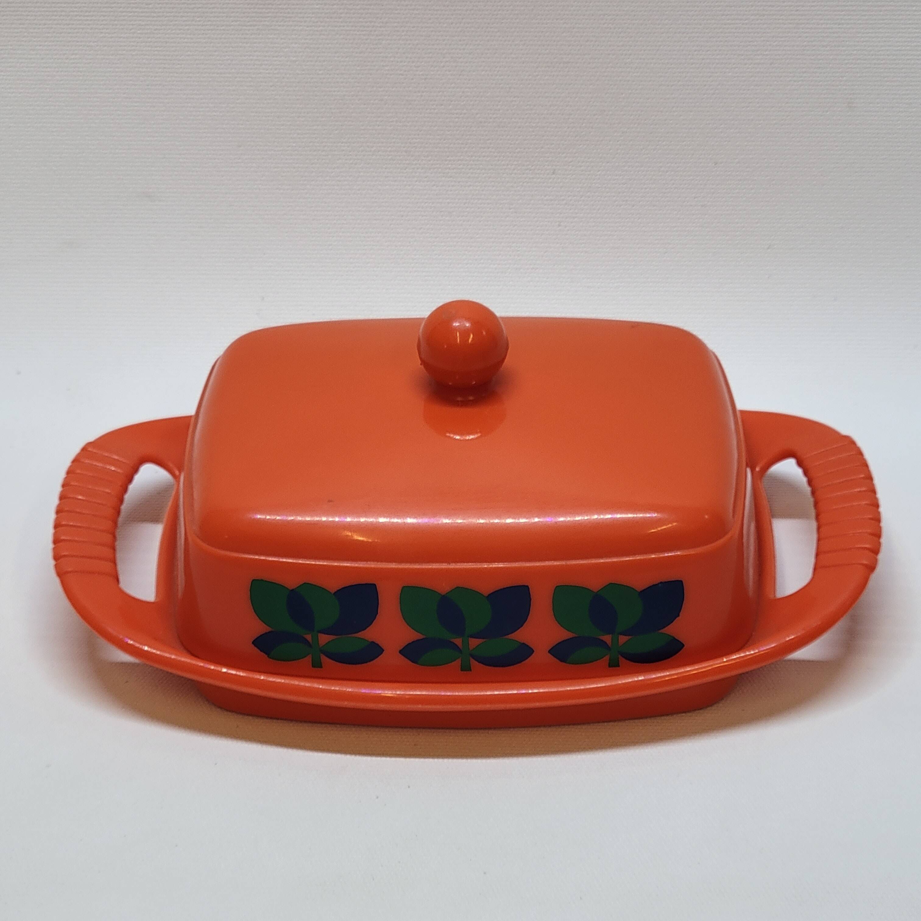 Emsa butter dish in orange plastic and vintage flowers 1970s