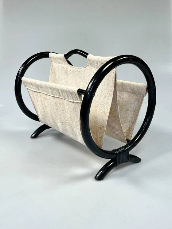 Vintage Round Magazine Rack / Reading Basket, Black Rattan, 1970's