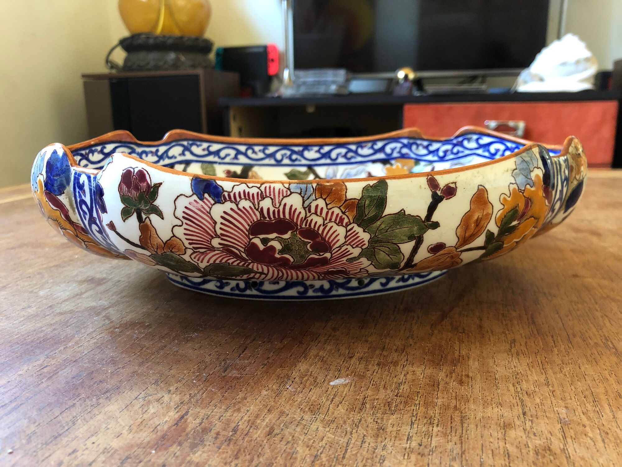 Ceramic hollow dish gien France decoration flowers peony hand painted