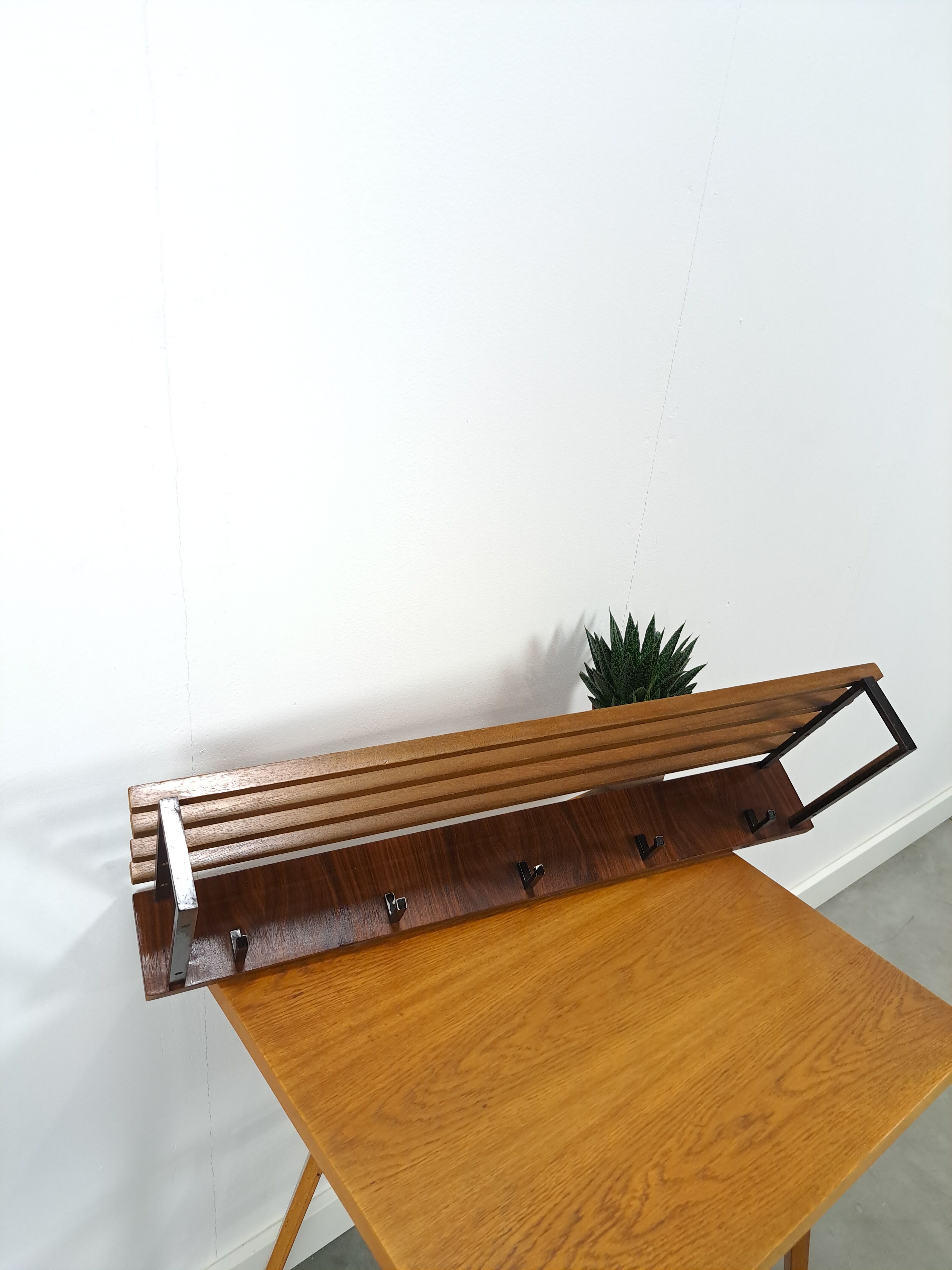 Wall coat rack with black steel and dark wood vintage