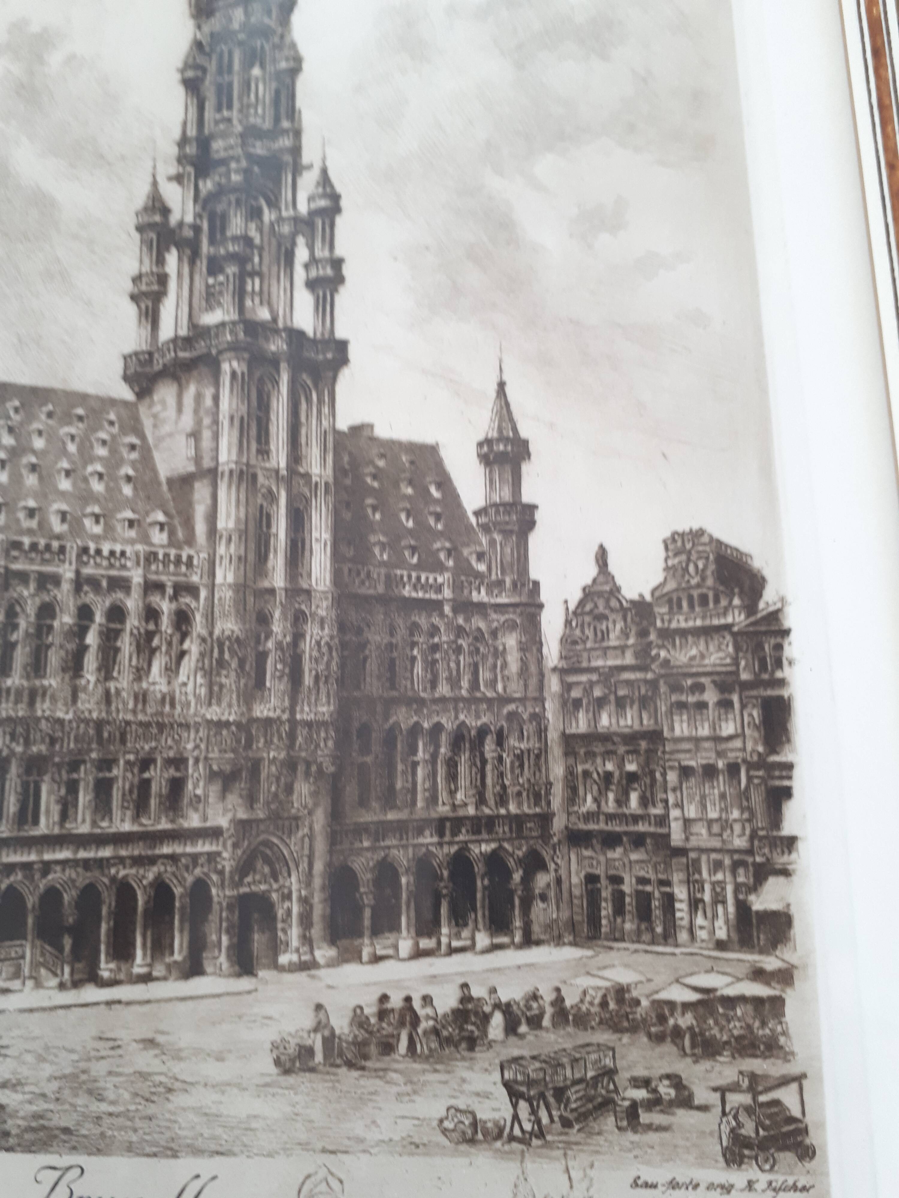Painting lithograph engraving etching Brussels Town Hall