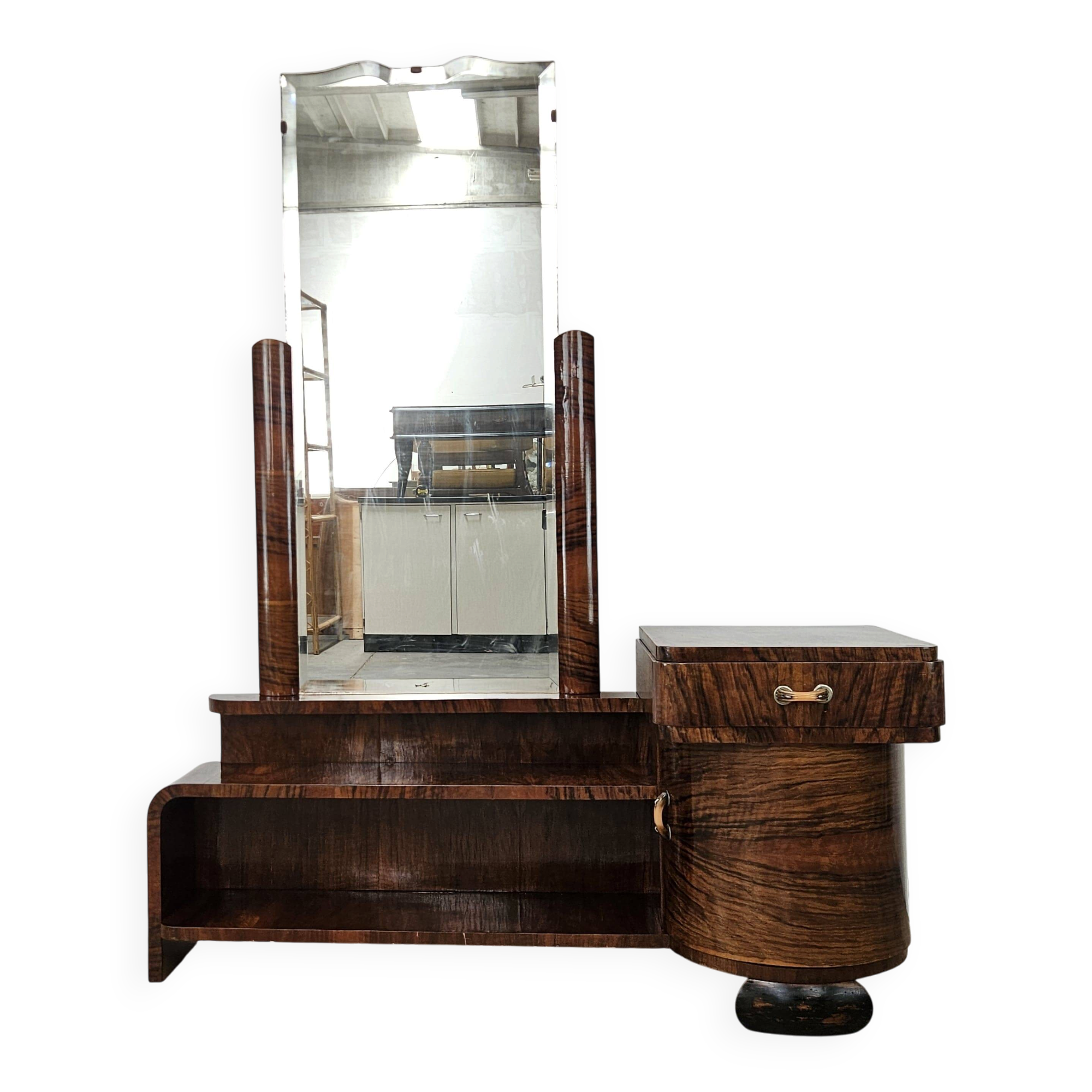 Art Decò dressing table in walnut root with mirror