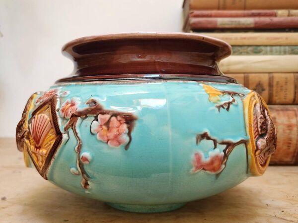 Antique Français Jardinière Barbotine Art Nouveau Style Japonais Oiseau et Éventail