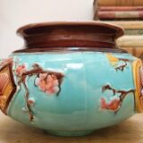 Antique French Barbotine Planter Art Nouveau Japanese Style Bird and Fan