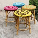 Set of 4 rattan stools and crochet covers