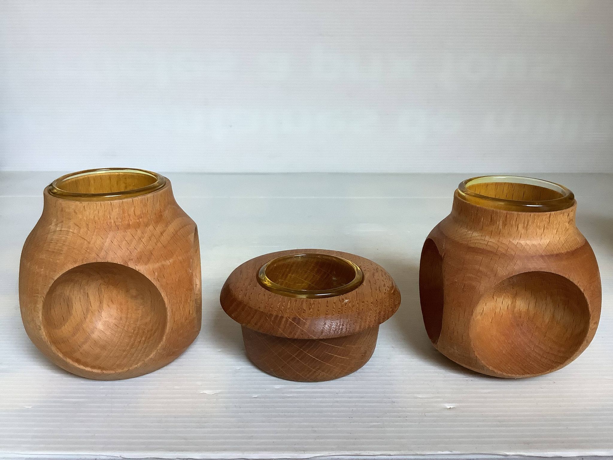 6 candle holders and a wooden vase Nopjes woodturning handmade