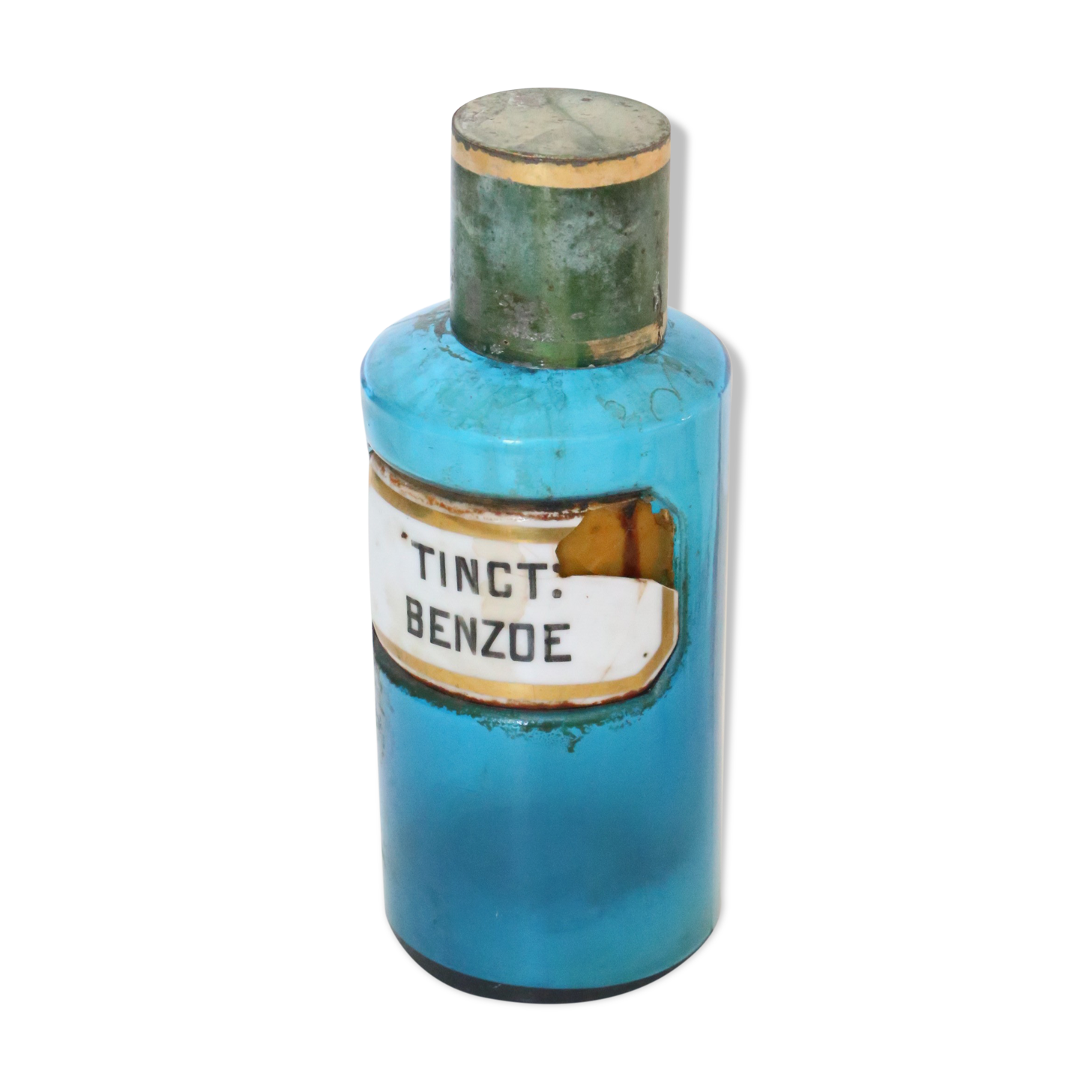 Flacon de pharmacie fin XIxème, rare, en verre bleu et étiquette de porcelaine, antiquité, vintage