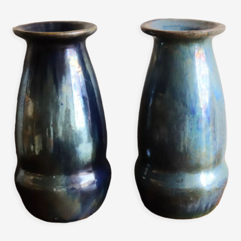 Pair of flamed stoneware vases, gingham enamels signed Cytère, Rambervillers