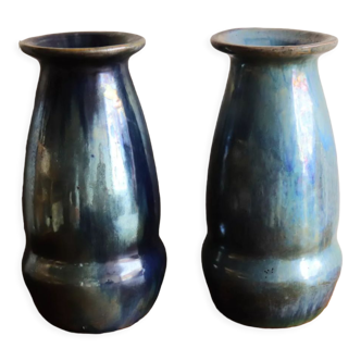 Pair of flamed stoneware vases, gingham enamels signed Cytère, Rambervillers