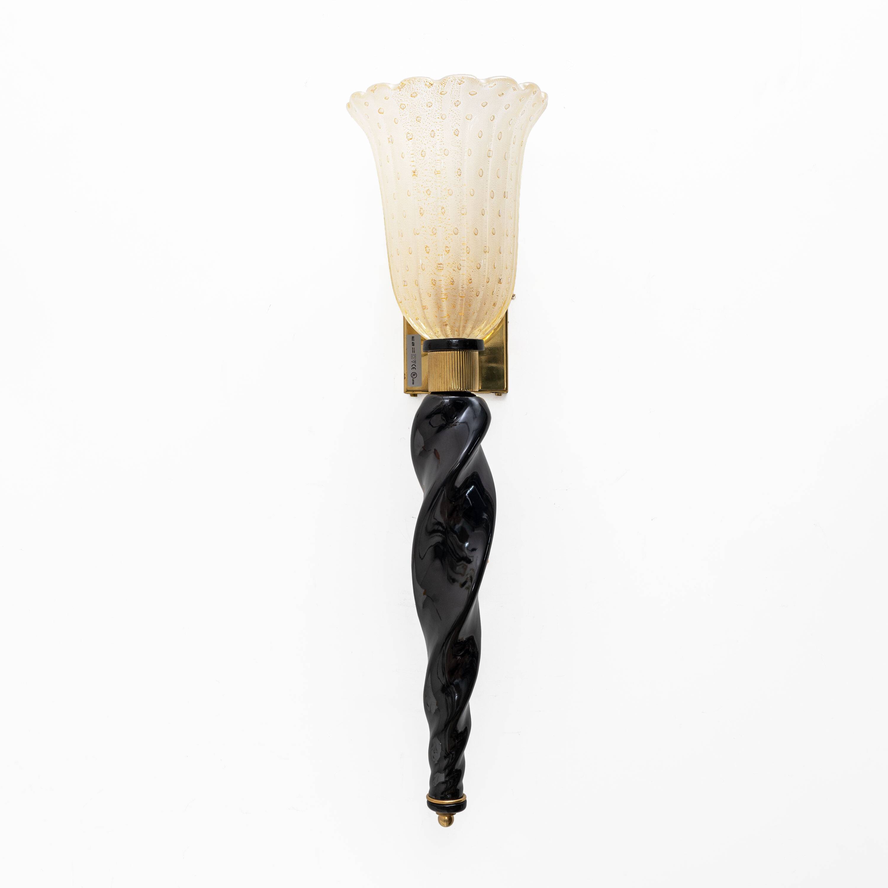 Pair of Italian Murano Glass  Sconces with Gold Dust Inclusions and Brass