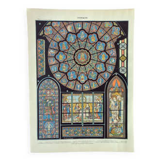 Gravure • Vitraux 1, église, vitrail • Affiche originale et vintage de 1898