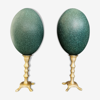 Pair of naturally green/blue emu eggs on brass bases (year 50 or earlier)