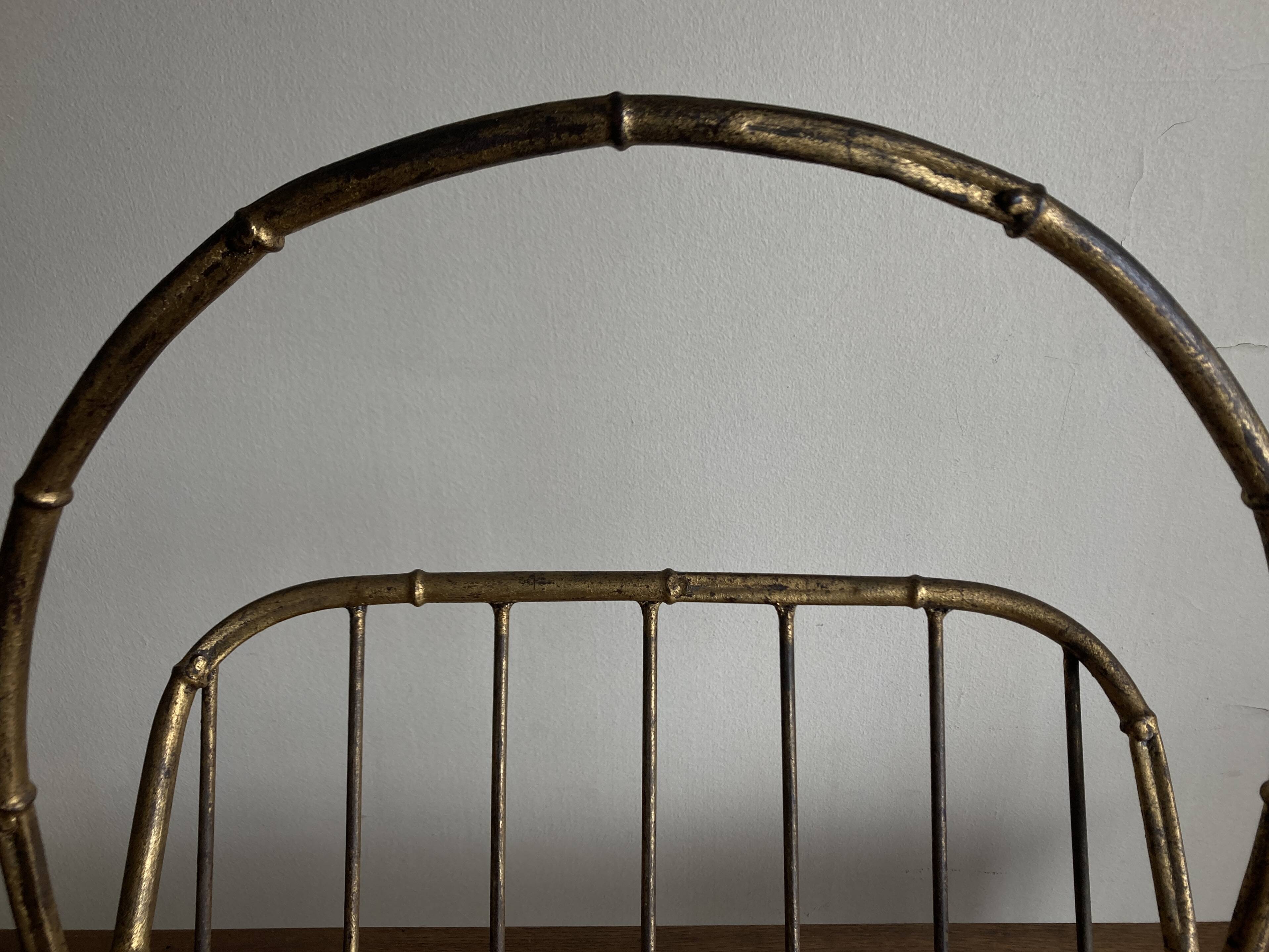 1960s magazine rack in gilded wrought iron, faux bamboo, Italian work