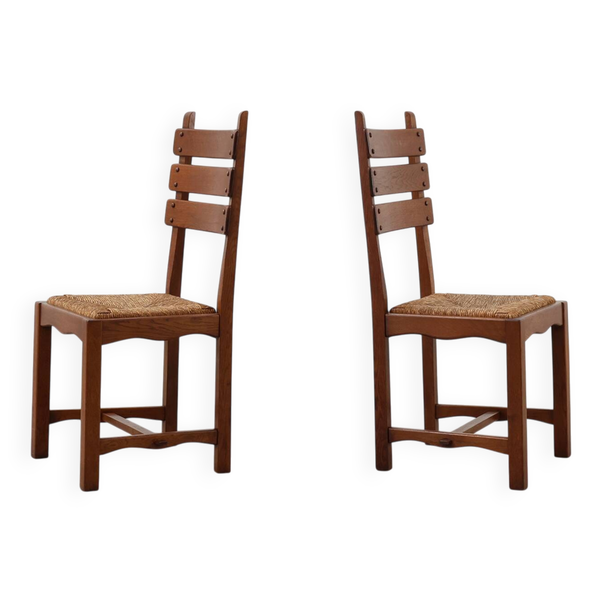 Deux chaises en chêne et osier brutalisme moderne du milieu du siècle, 1960