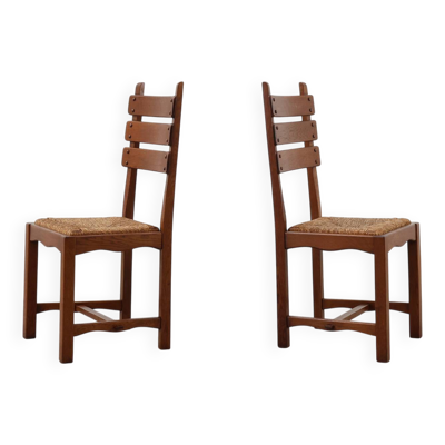 Deux chaises en chêne et osier brutalisme moderne du milieu du siècle, 1960