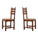 Deux chaises en chêne et osier brutalisme moderne du milieu du siècle, 1960