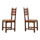 Two Mid-Century Modern Brutalist Oak and Wicker Chairs, 1960