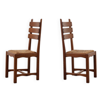 Two Mid-Century Modern Brutalist Oak and Wicker Chairs, 1960