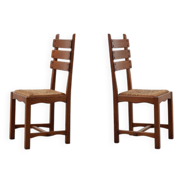 Two Mid-Century Modern Brutalist Oak and Wicker Chairs, 1960