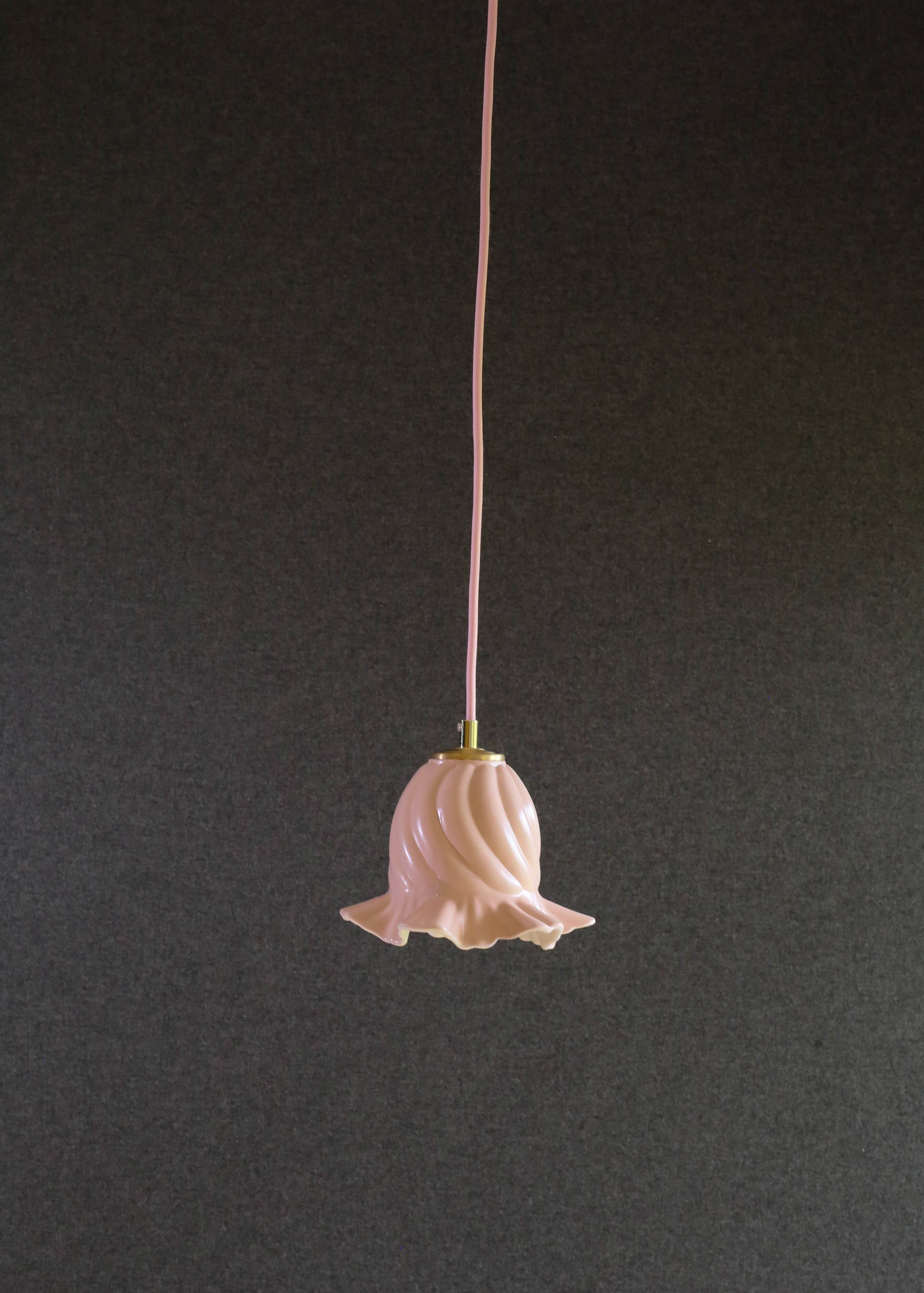 Old pendant light in pink and white painted glass, French pendant light - delivered with socket and cable