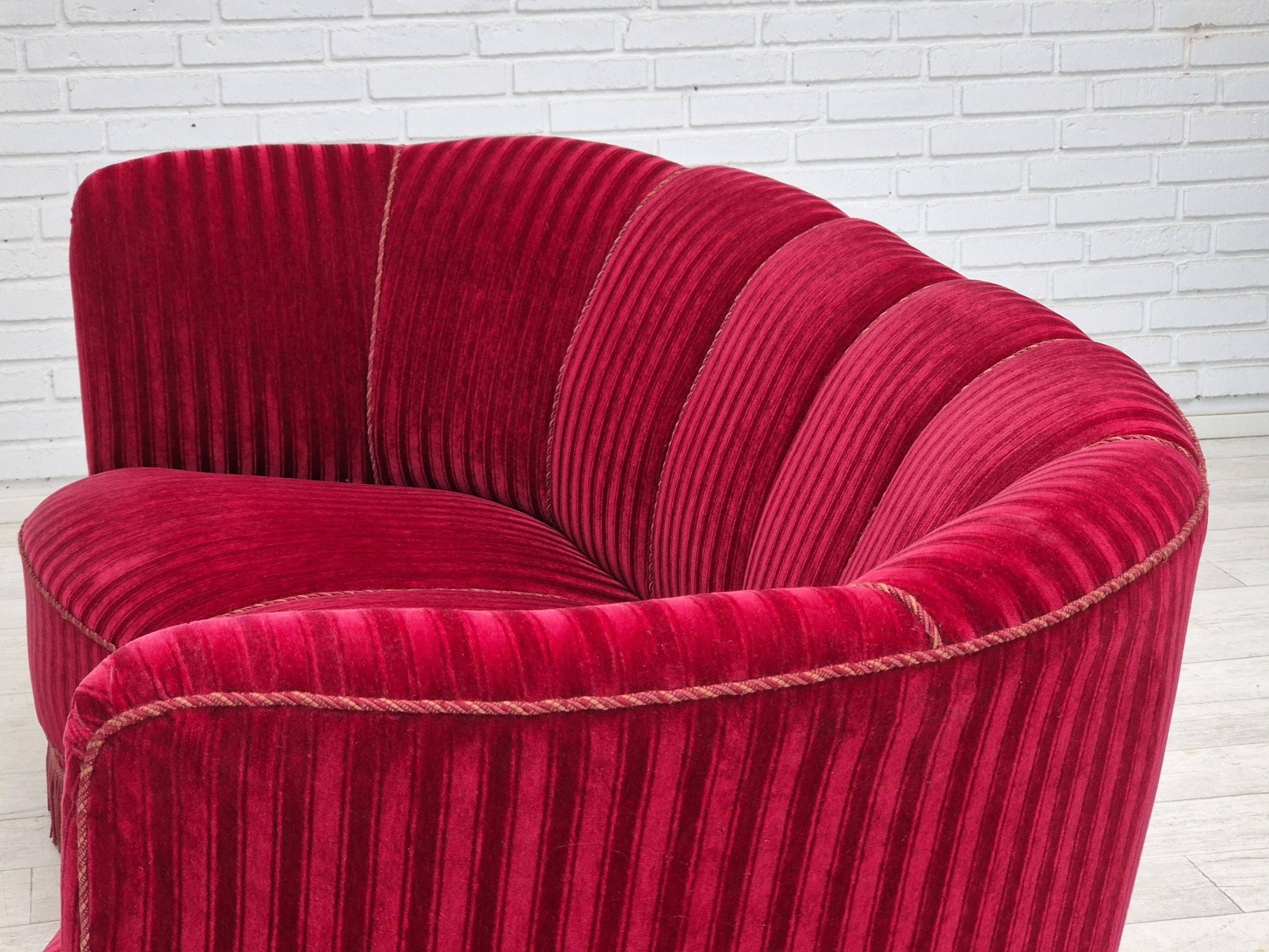 1960s, Danish 3-seater "Banan" sofa, original cherry-red furniture velour.