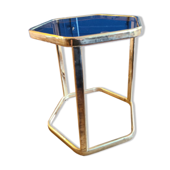Table en laiton et verre fumé héxagonal