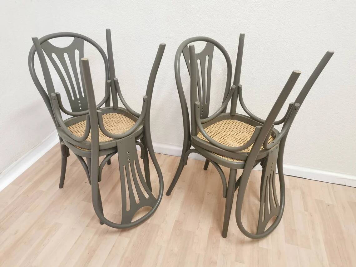 Set of 4 Vintage Gray Thonet Style Dining Chairs with Cane Seat