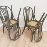 Set of 4 Vintage Gray Thonet Style Dining Chairs with Cane Seat