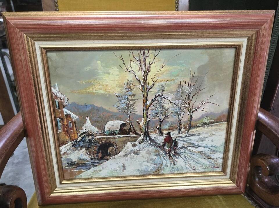 Oil on panel signed B. Franco depicting a lively winter landscape.