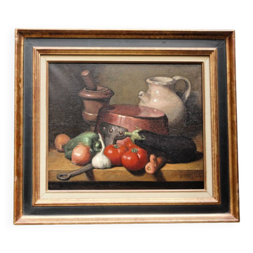 Nature morte aux légumes, huile sur toile signée Angeli Guerino