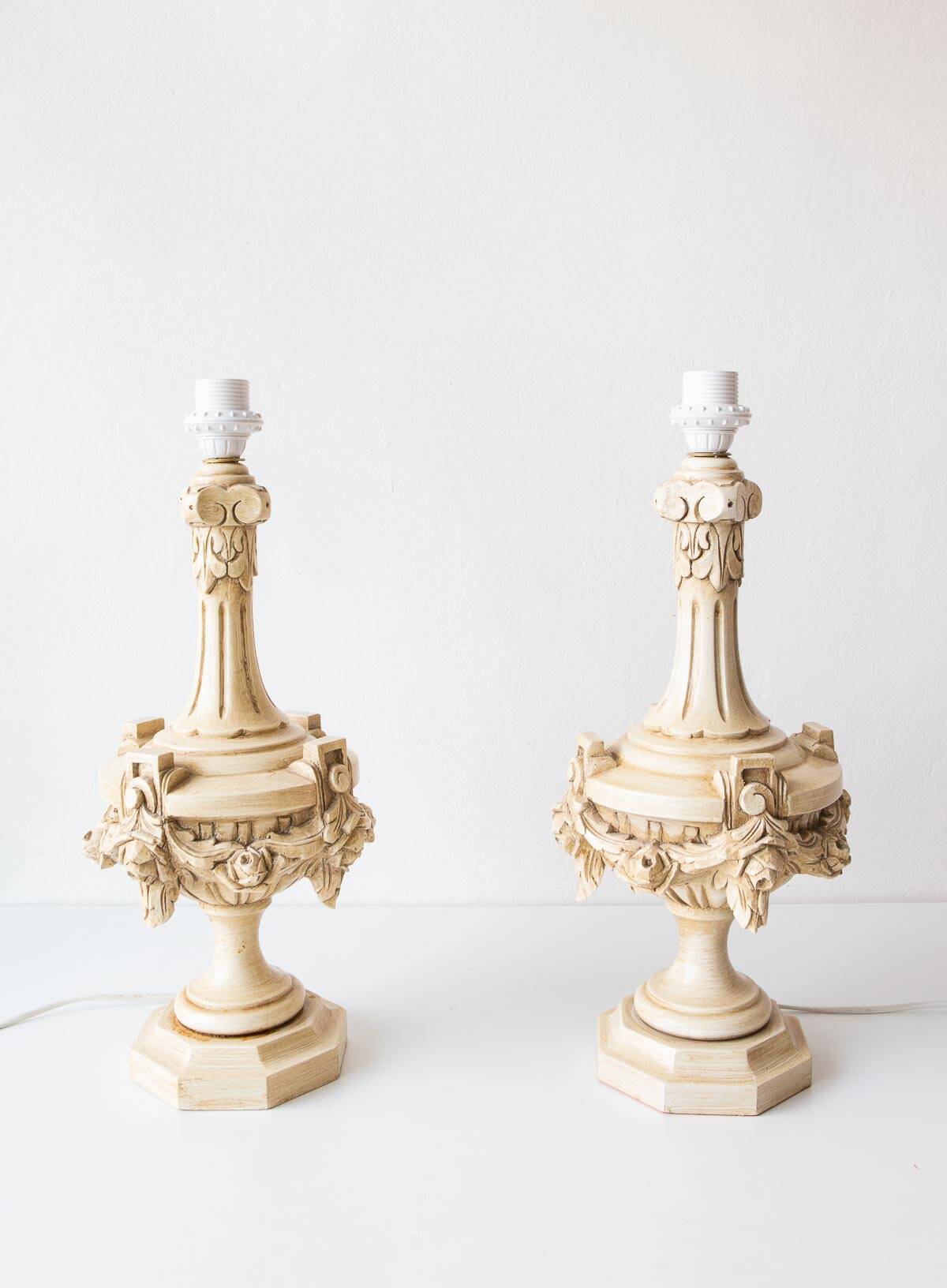 Pair of large painted wood table lamps. Spain, circa 1970s