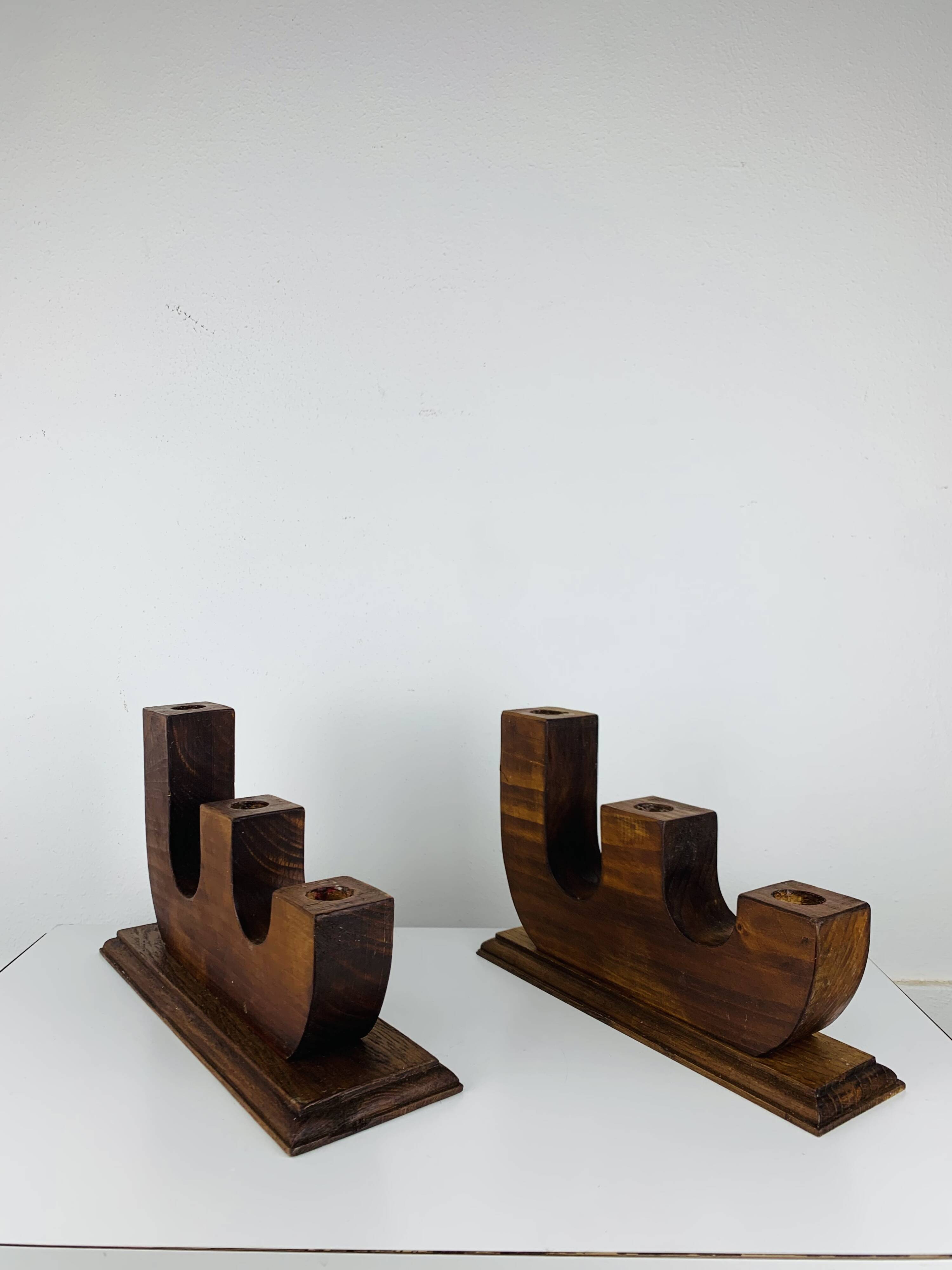 Pair of brutalist wooden candlesticks, 1960s