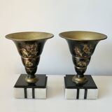 Pair of Art Deco enamelled brass casseroles, black and white marble base