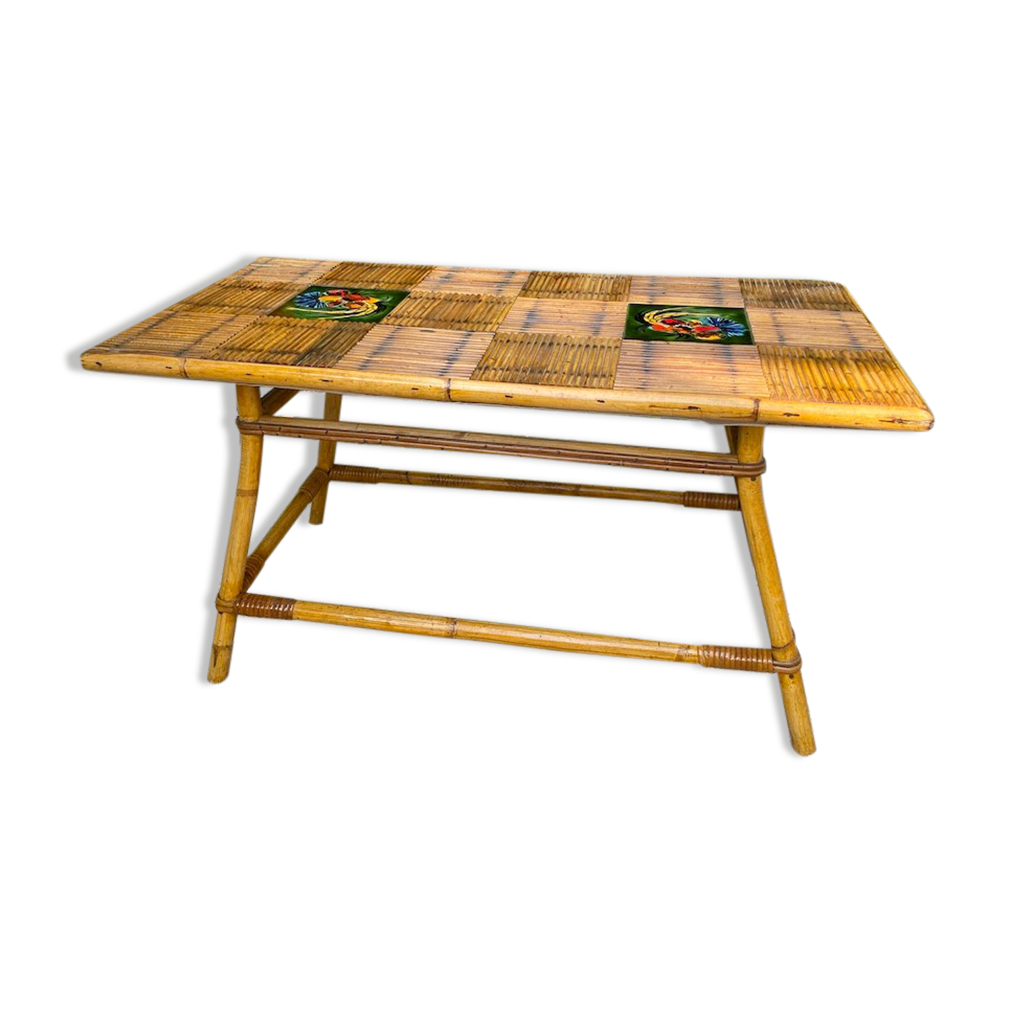 Table basse en bambou et céramique Vallauris  1960