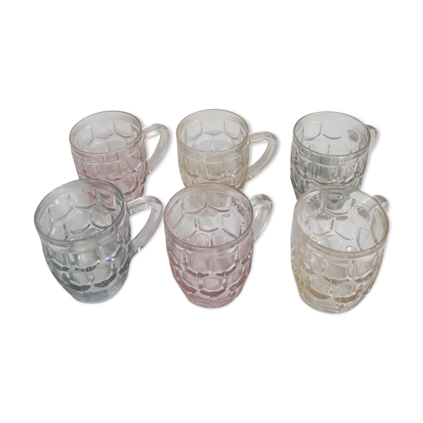 Set of 6 multicoloured vintage glass mugs.